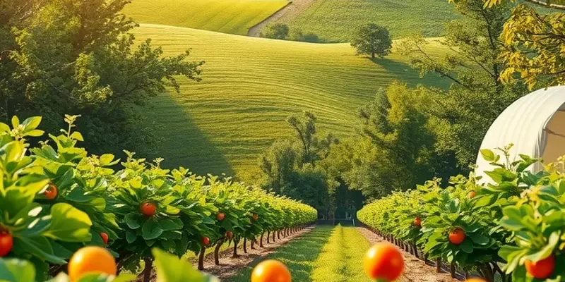 Photorealistic view of a lush field abundant with organic vegetables and fruits.