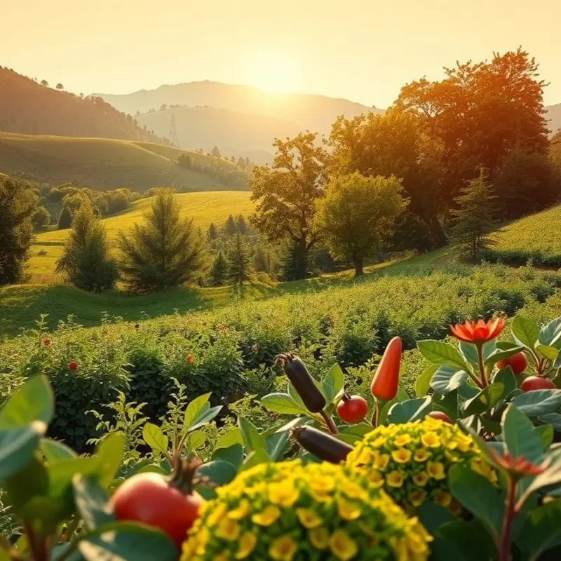 A flourishing sunlit orchard representing the fresh ingredients in dark chocolate.