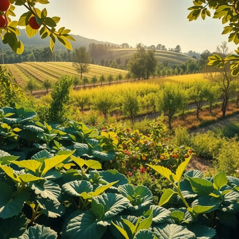 A sunlit field showcasing a vibrant array of organic vegetables and fruits.
