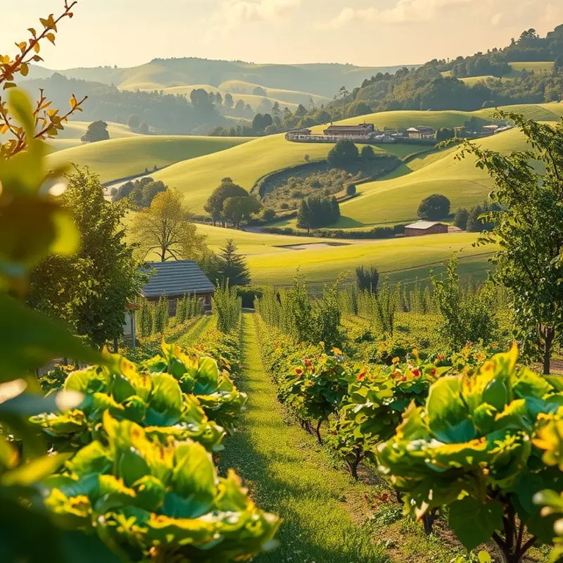 A sunlit orchard filled with vibrant fruits and vegetables.
