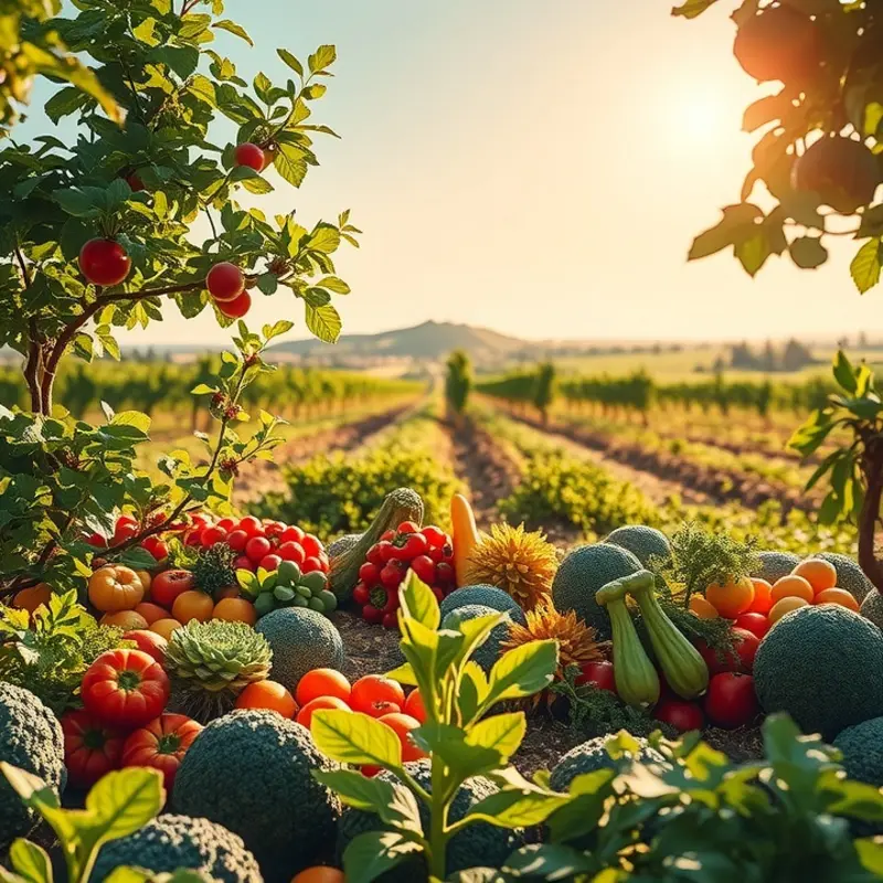 A vibrant sunlit field showcasing abundant organic vegetables and fruits.
