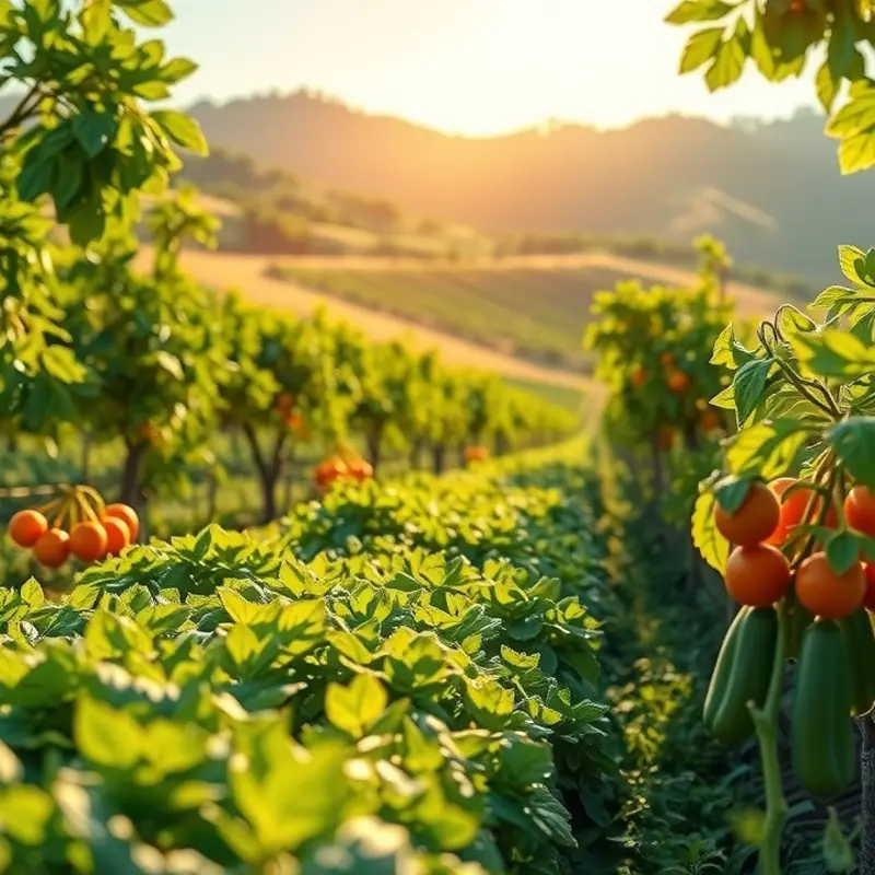 A vibrant sunlit field showcasing the beauty of organic fruits and vegetables.