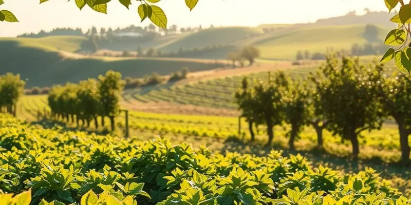 A serene orchard filled with ripe fruits under golden sunlight.