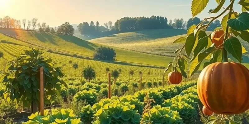 A sunlit field with lush greenery showcasing organic vegetables and fruits.