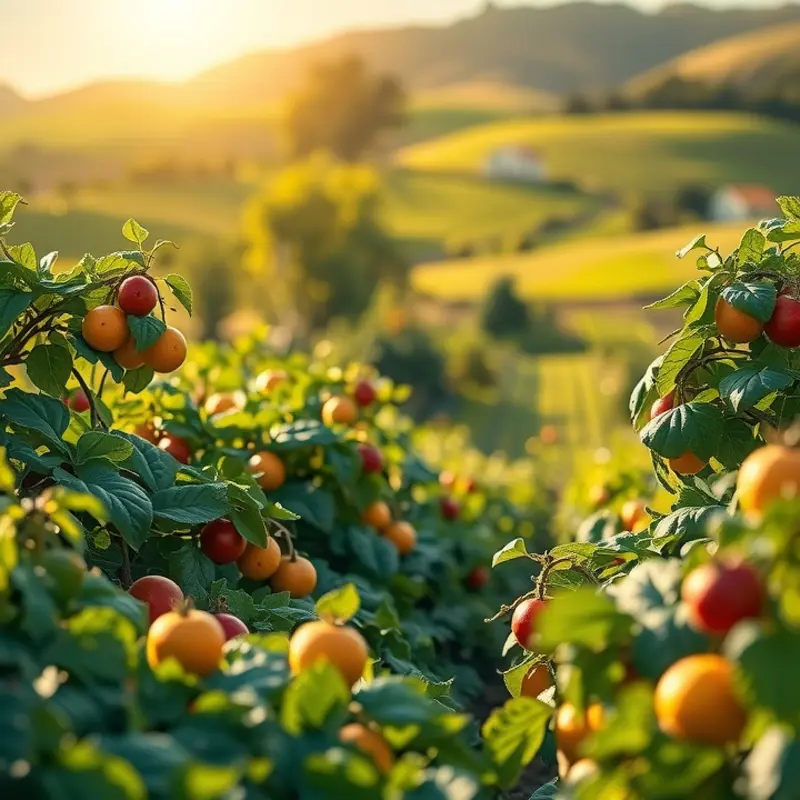 A serene sunlit field brimming with vibrant fruits and vegetables.