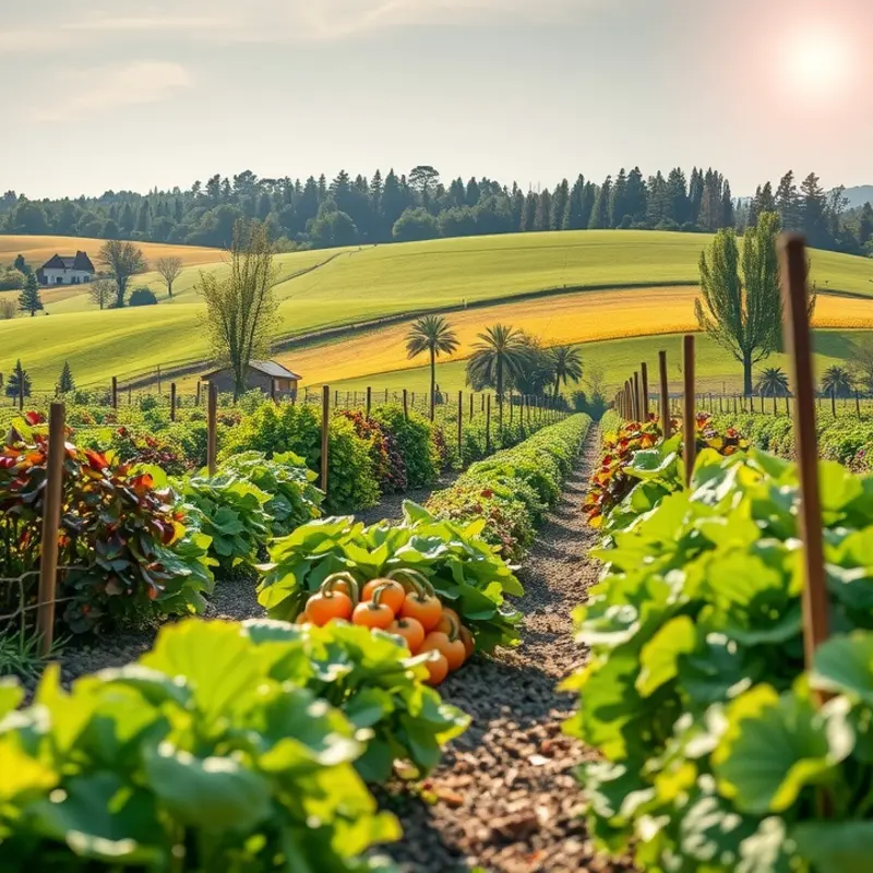 A lush, sunlit field showcasing vibrant vegetables and fruits in organic separation.