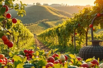 A scenic view of an organic field filled with colorful fruits and vegetables symbolizing the bounty of seasonal cycles.