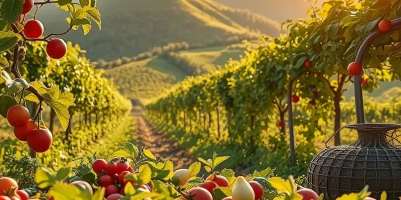 A scenic view of an organic field filled with colorful fruits and vegetables symbolizing the bounty of seasonal cycles.
