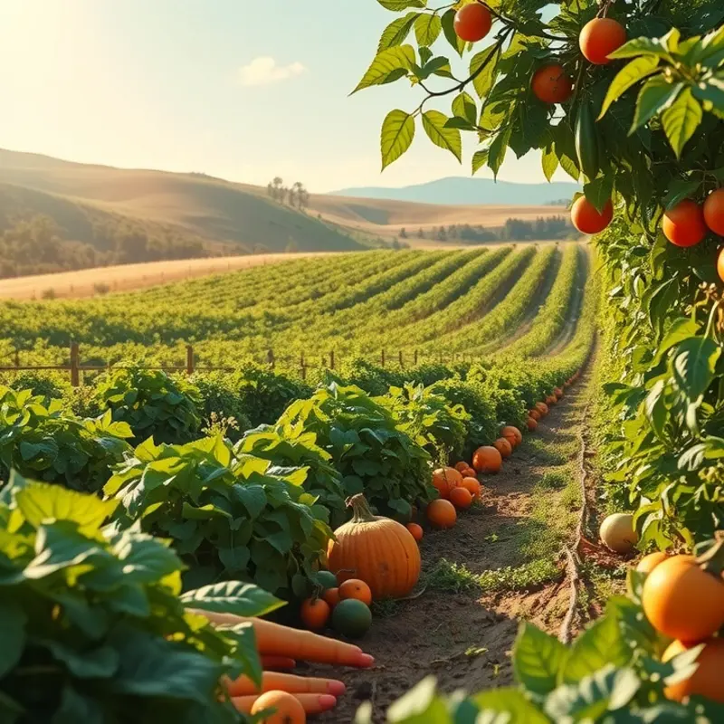 Vibrant fruits and vegetables growing in a sunlit orchard.