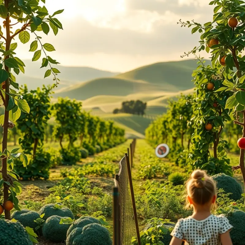 Vibrant fruits and vegetables growing in a sunlit orchard.
