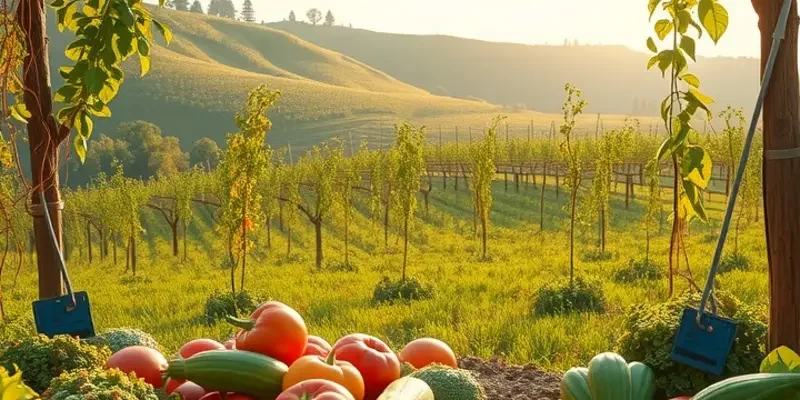 A wide view of an orchard filled with fresh produce under the sun, illustrating the essence of organic farming.