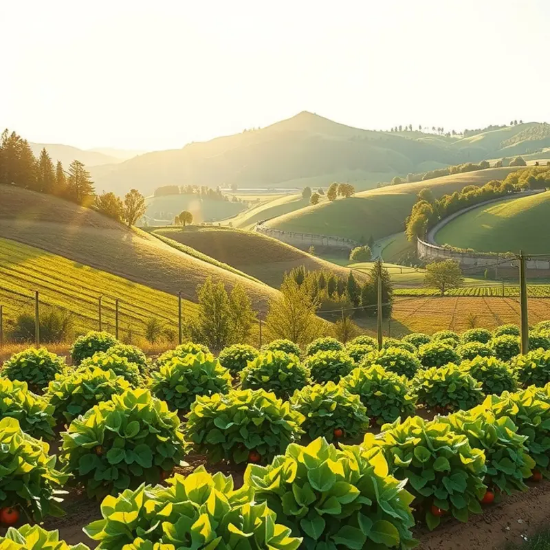 A beautiful sunlit orchard filled with vibrant fruits and vegetables.
