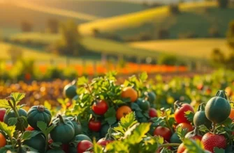 A beautiful sunlit landscape depicting an orchard with fresh organic fruits and vegetables in a natural setting.