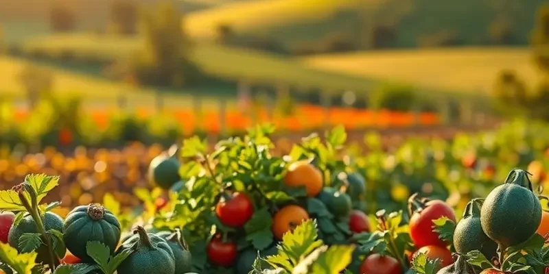 A beautiful sunlit landscape depicting an orchard with fresh organic fruits and vegetables in a natural setting.