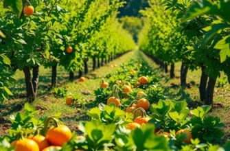 Beautiful landscape of a sunlit field filled with organic vegetables and fruits.