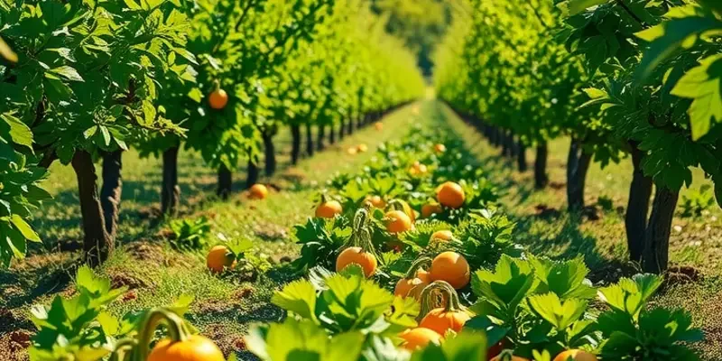 Beautiful landscape of a sunlit field filled with organic vegetables and fruits.