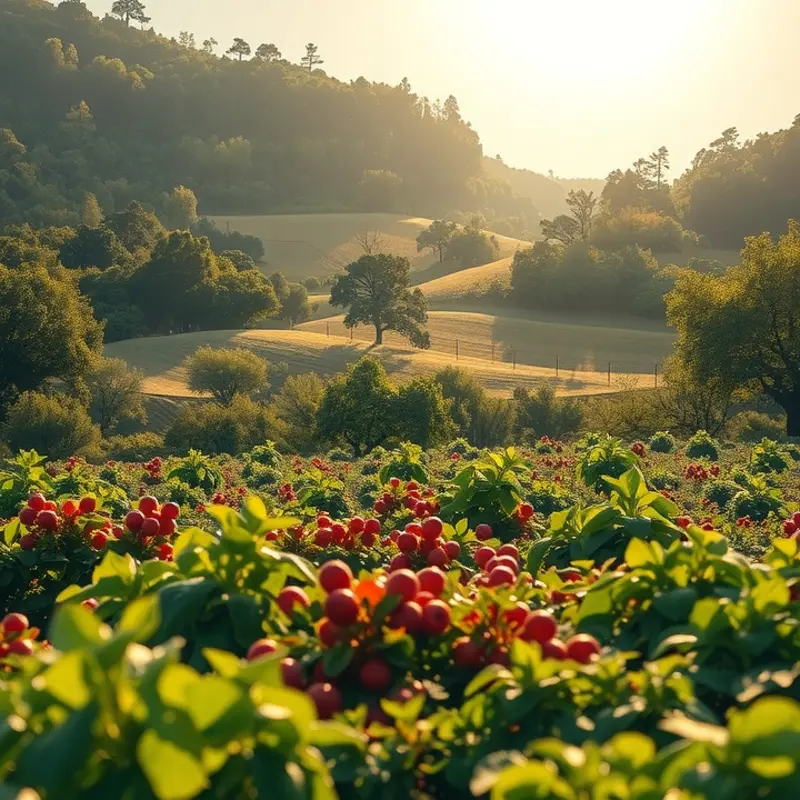 A beautiful sunlit orchard filled with vibrant fruits and vegetables.