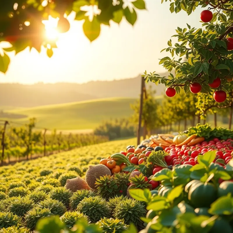 Vibrant vegetables and fruits grow under the sun, showcasing the beauty of organic produce.
