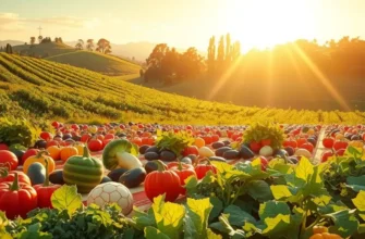 A serene landscape filled with organic fruits and vegetables under warm sunlight.