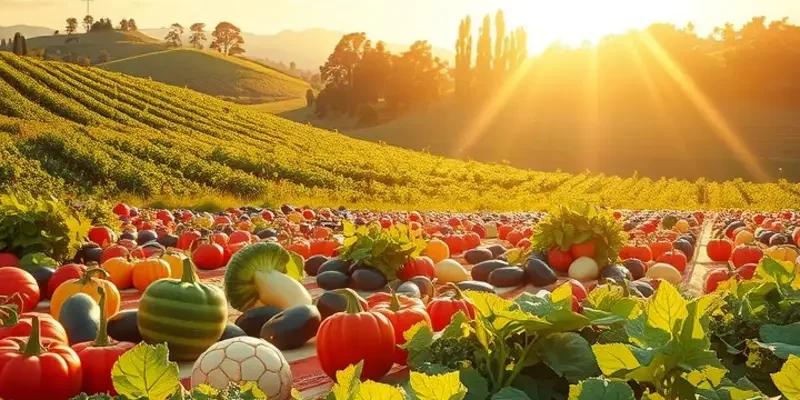 A serene landscape filled with organic fruits and vegetables under warm sunlight.