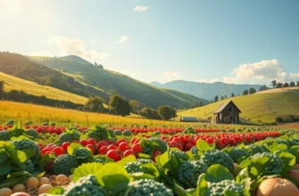 Photorealistic landscape featuring vibrant vegetables and fruits growing in a lush, sunny field.