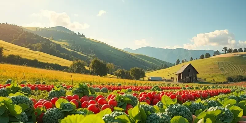 Photorealistic landscape featuring vibrant vegetables and fruits growing in a lush, sunny field.