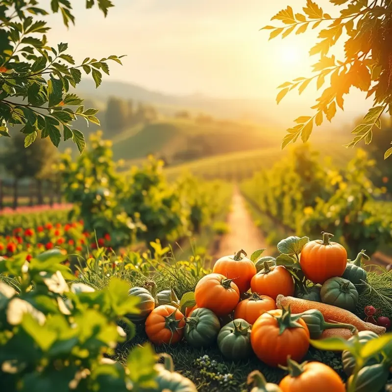 A serene landscape showcasing the abundant growth of vegetables and fruits in harmony with nature.