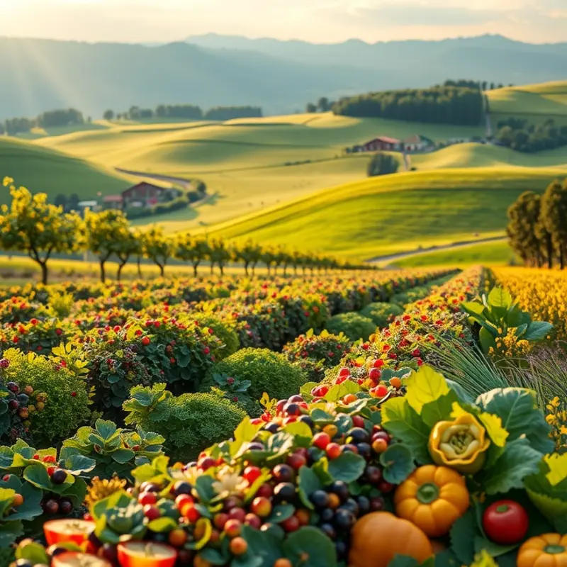 A sunlit landscape showcasing vibrant fruits and vegetables thriving in nature.