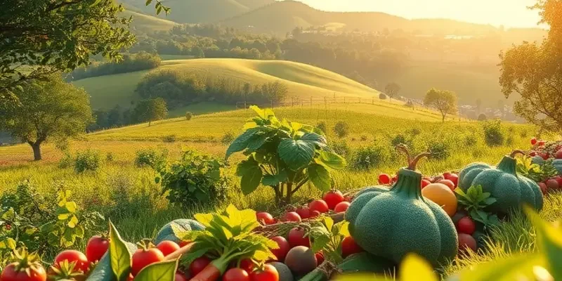 A scenic overview of a lush orchard, filled with nutritious fruits and vegetables.