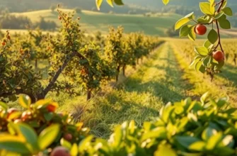 Scenic view of a field carrying organic fruits and vegetables in a sunlit orchard, symbolizing healthy nutrition.