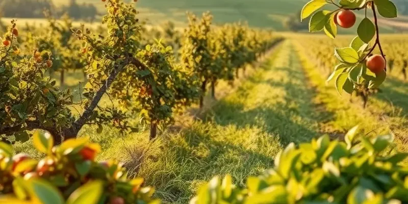 Scenic view of a field carrying organic fruits and vegetables in a sunlit orchard, symbolizing healthy nutrition.