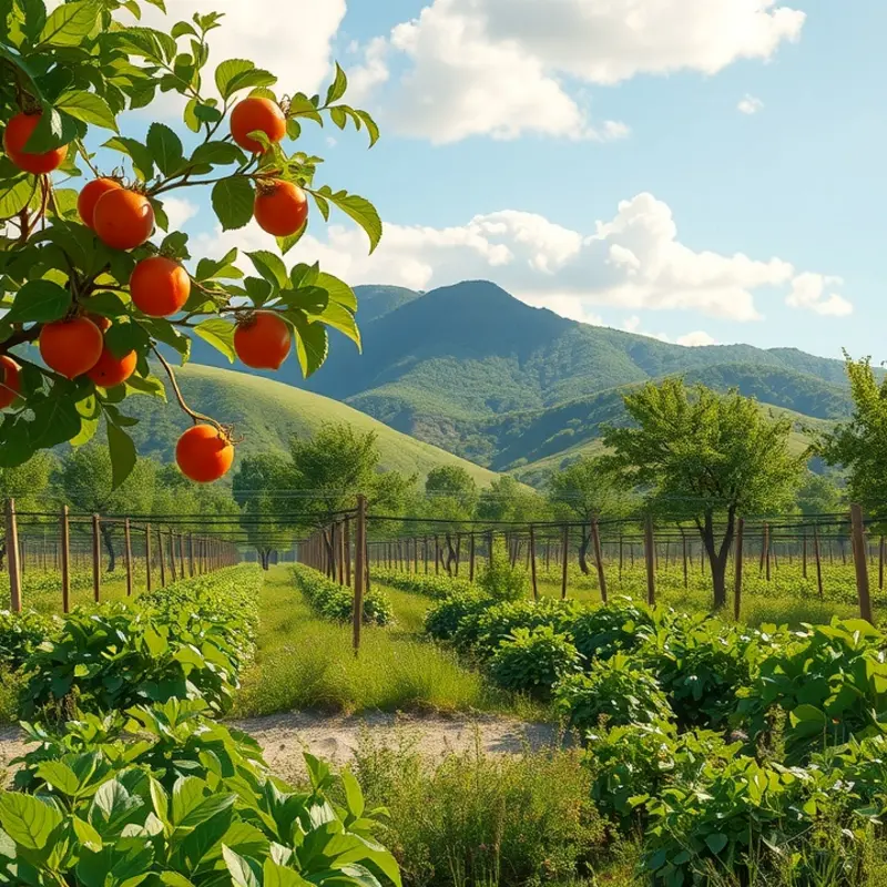 A flourishing sunlit orchard representing the fresh ingredients in dark chocolate.