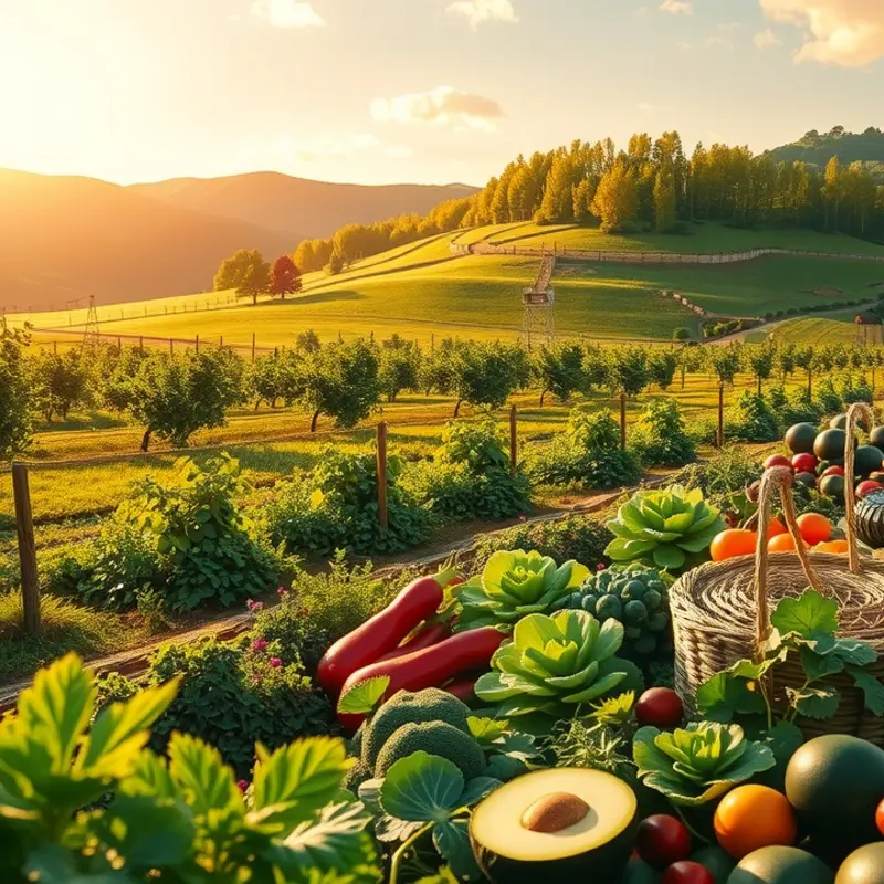 A vibrant sunlit field filled with organic fruits and vegetables.