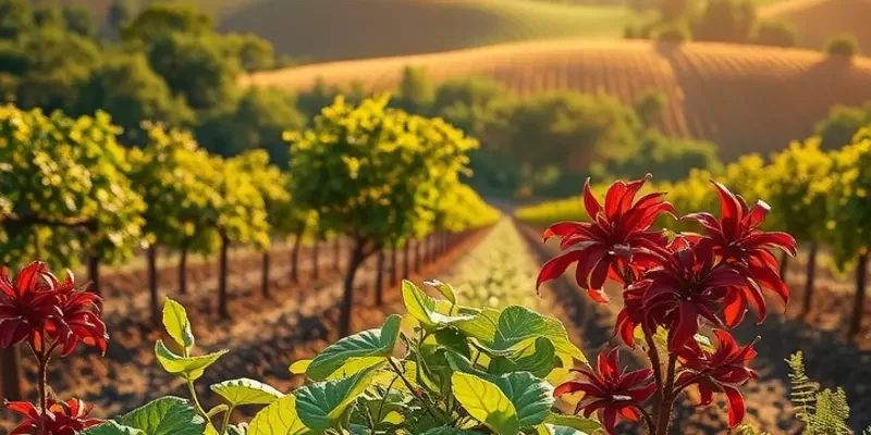 A picturesque view of an organic field overflowing with healthy vegetables and fruits.