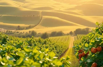 A lush, vibrant landscape filled with organic fruits and vegetables, representing healthy eating.