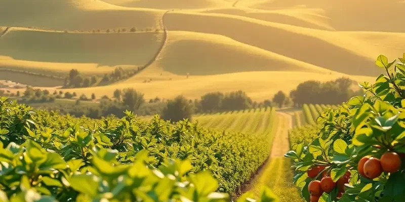 A lush, vibrant landscape filled with organic fruits and vegetables, representing healthy eating.