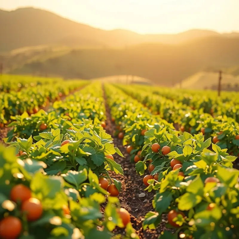 A vibrant sunlit field showcasing organic fruits and vegetables in a natural landscape.