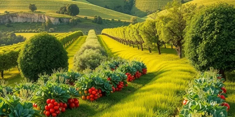 A scenic view of a sunlit organic garden, filled with vibrant vegetables and fruits in a natural setting.