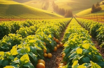 A picturesque field of organic fruits and vegetables under soft sunlight, representing health and mindful eating.