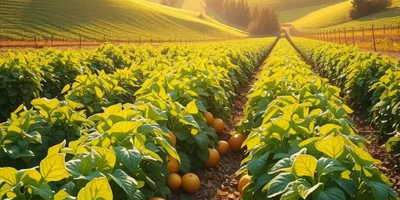 A picturesque field of organic fruits and vegetables under soft sunlight, representing health and mindful eating.
