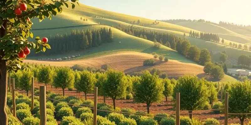 A breathtaking view of an organic field with various vegetables and fruits basking under the sun, symbolizing abundant harvest.