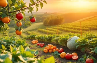 A landscape showcasing an abundance of organic produce growing naturally in sunlight.