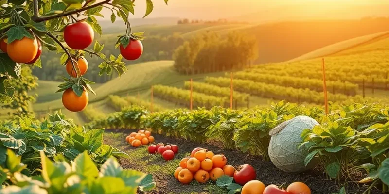 A landscape showcasing an abundance of organic produce growing naturally in sunlight.