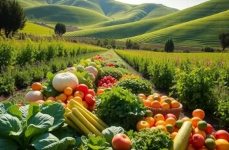 A scenic landscape showing fresh organic fruits and vegetables growing in a sunlit field.