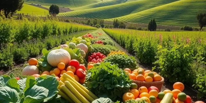 A scenic landscape showing fresh organic fruits and vegetables growing in a sunlit field.
