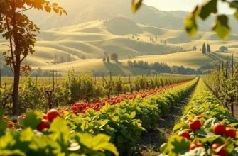 A serene natural landscape filled with healthy fruits and vegetables.