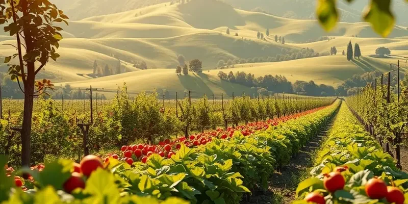 A serene natural landscape filled with healthy fruits and vegetables.
