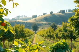A serene landscape showcasing a variety of organic vegetables and fruits in bright sunlight.