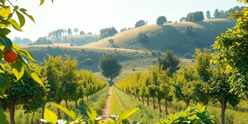 A serene landscape showcasing a variety of organic vegetables and fruits in bright sunlight.