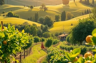 Beautiful landscape of a sunlit field rich in organic vegetables and fruits.